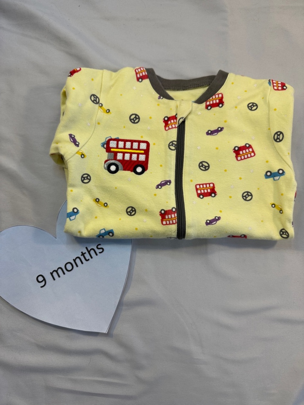 Tuffy -Yellow Baby Onesie with Red double decker Bus Print and embroidered patch